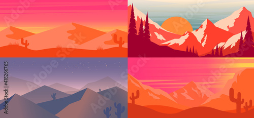Set of cartoon desert landscape in flat style. Design element for poster, card, banner, flyer. Vector illustration