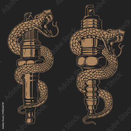 Illustration of snake on car spark plug. Design element for poster, card, banner, sign. Vector illustration