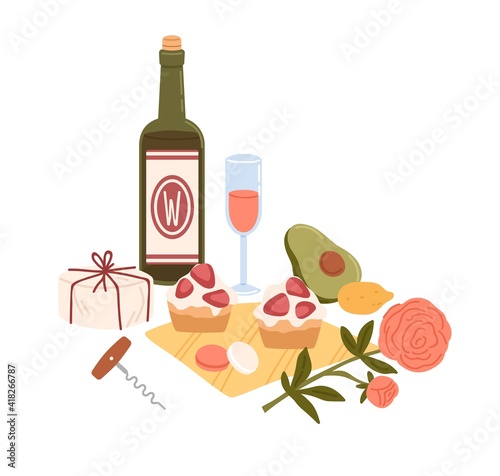 Still life with bottle of wine and picnic food such as cheese, snacks, avocado, cakes. Composition with meals and rose flower isolated on white background. Colored flat vector illustration