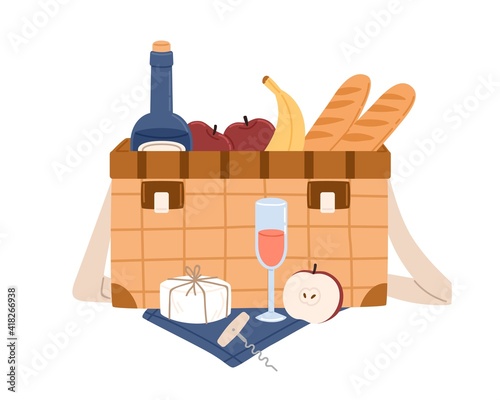 Picnic wicker basket with bottle of wine and food. Hamper with snacks, fruits, baguettes, cheese and alcoholic drink for summer lunch. Colored flat vector illustration isolated on white background