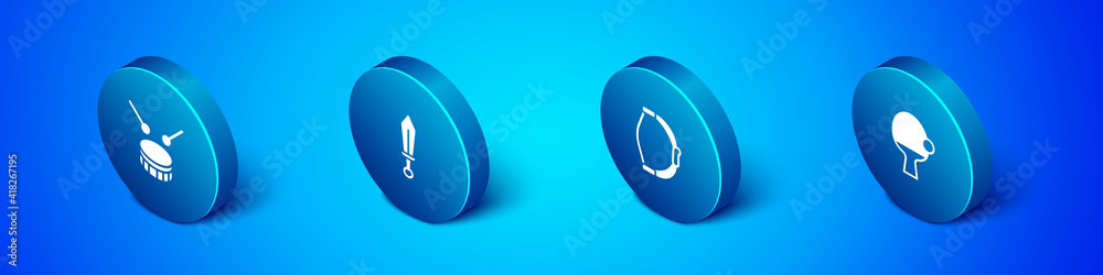 Set Isometric Drum with drum sticks, Bow toy, Racket and ball and Sword icon. Vector. Set Isometric Drum with drum sticks, Bow toy, Racket and ball and Sword icon. Vector.