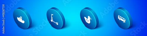 Set Isometric Toy boat, Rubber duck, Bus toy and Scooter icon. Vector.