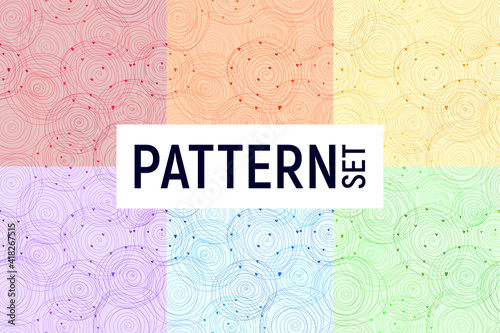 Vector set of multi-colored seamless patterns with rainbow colored doodle spiral circles on a white background.