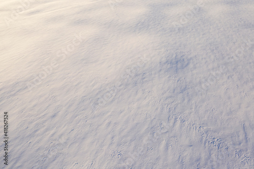 White fluffy snow, texture or background, top view.