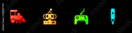 Set Toy train, Robot toy, Gamepad and Marker pen icon. Vector.