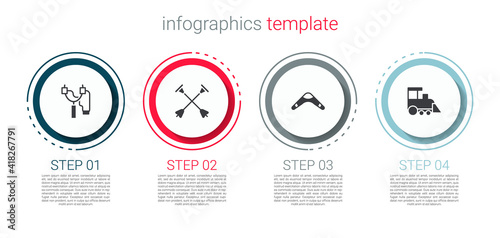 Set Slingshot, Arrow with sucker tip, Boomerang and Toy train. Business infographic template. Vector.