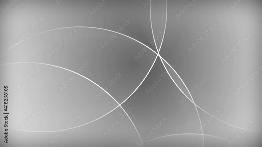 Abstract animation of black and white background pattern, gray background with large white lights or circle bokeh shapes overlapping in random pattern with intersecting lines and border. Loop