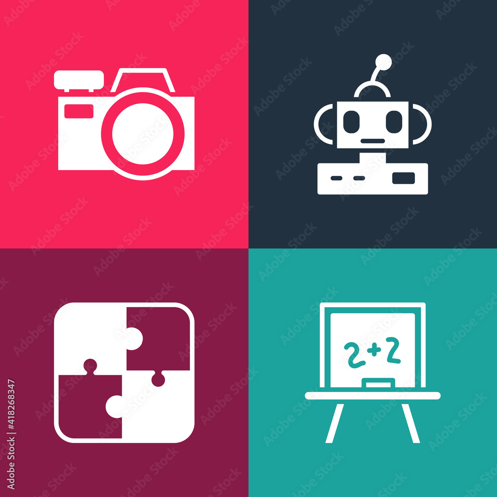 Set pop art Chalkboard, Puzzle pieces toy, Robot and Photo camera icon. Vector. Set pop art Chalkboard, Puzzle pieces toy, Robot and Photo camera icon. Vector.