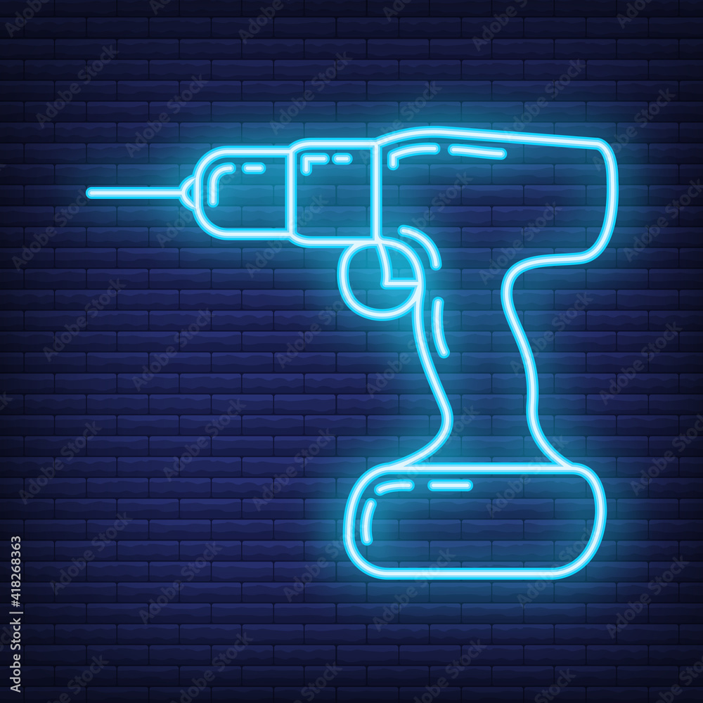 Manual neon professional construction drill icon tool device, concept repair building line flat vector illustration, isolated on dark brickwork. Manual neon professional construction drill icon tool device, concept repair building line flat vector illustration, isolated on dark brickwork.