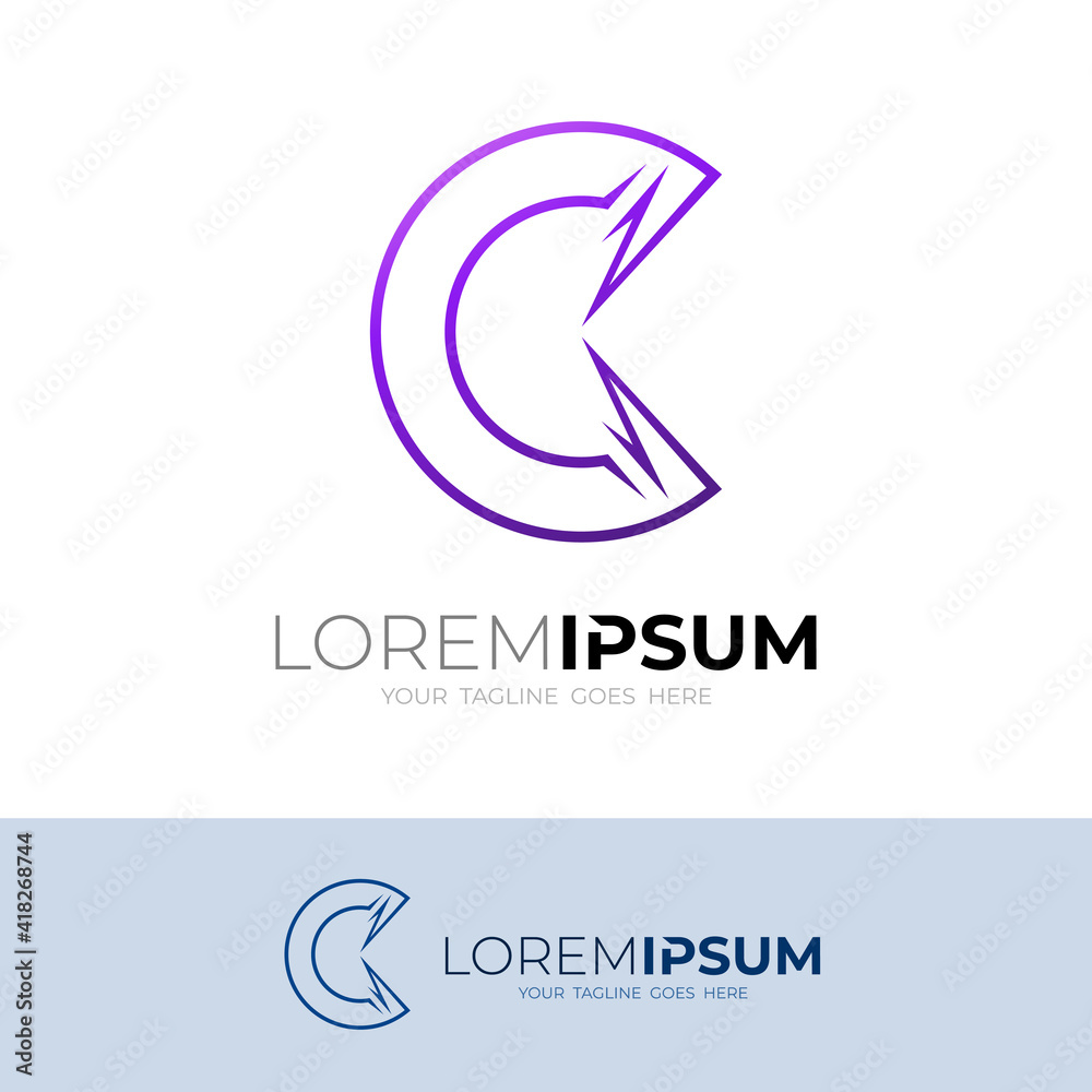 C logo with line design technology, simple style logo, line icon C logo with line design technology, simple style logo, line icon