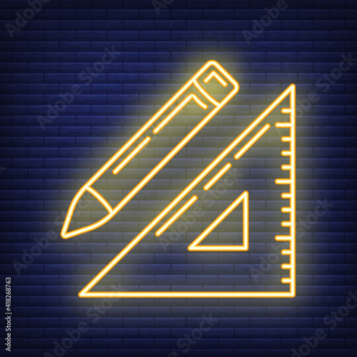Concept neon pencil, wooden ruler triangle icon, writing pen and measuring utensils stuff for drawing flat line vector illustration, isolated on dark brickwork.