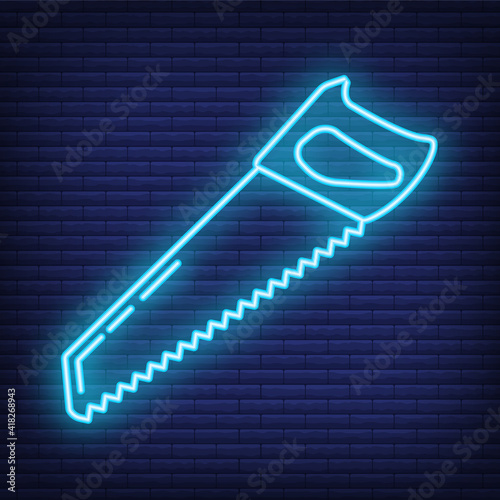 Hand saw neon construction repair tool icon, concept hacksaw work toolkit renovation house line flat vector illustration, isolated on dark brickwork.