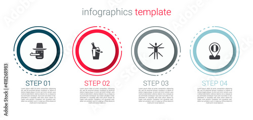 Set Pinocchio, Bottle of wine bucket, Vitruvian Man and Location flag Italy. Business infographic template. Vector.