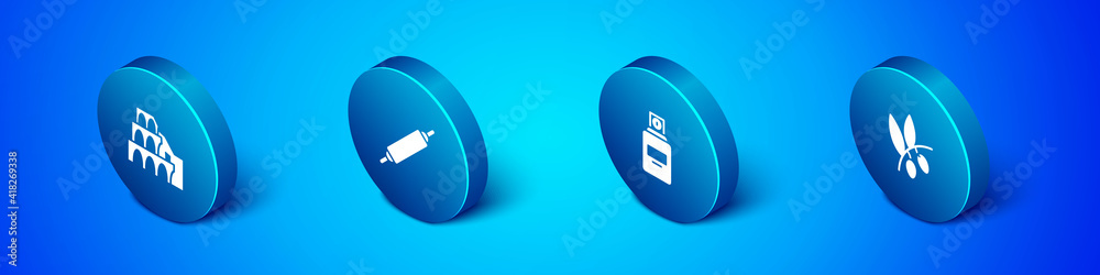 Set Isometric Coliseum in Rome, Perfume, Olives branch and Rolling pin icon. Vector. Set Isometric Coliseum in Rome, Perfume, Olives branch and Rolling pin icon. Vector.