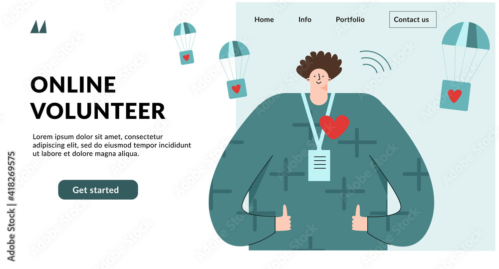 Volunteering, volunteer services, altruistic job activity concept. Website app landing web page template. Flat vector cartoon illustration with male character Volunteering, volunteer services, altruistic job activity concept. Website app landing web page template. Flat vector cartoon illustration with male character
