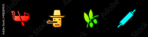 Set Gondola, Pinocchio, Olives branch and Rolling pin icon. Vector.