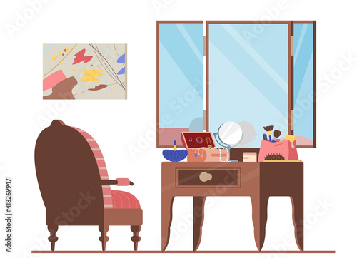Dressing Room Interior Flat Vector Illustration. Armchair And Dressing Table With Cosmetic Bag, Mirror, Jewelry, Makeup Brushes, Perfume. Women's Beauty Accessories.