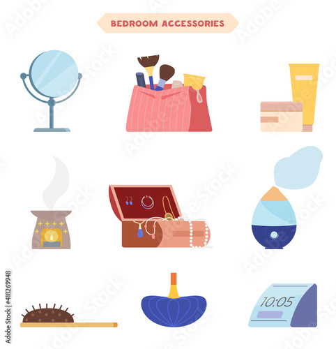 Bedroom Or Dressing Room Accessories Flat Vector Illustrations Set. Mirror, Cosmetic Bag With Make Up Brushes, Creams, Aroma Lamp, Jewelry Box, Humidifier, Hair Brush, Perfume Bottle, Alarm Clock.