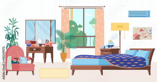 Cozy Bedroom Interior Flat Vector Illustration. Wooden Furniture, Bed, Armchair, Dressing Table, Window, Bedside Table With Humidifier, Clock, Plants. 