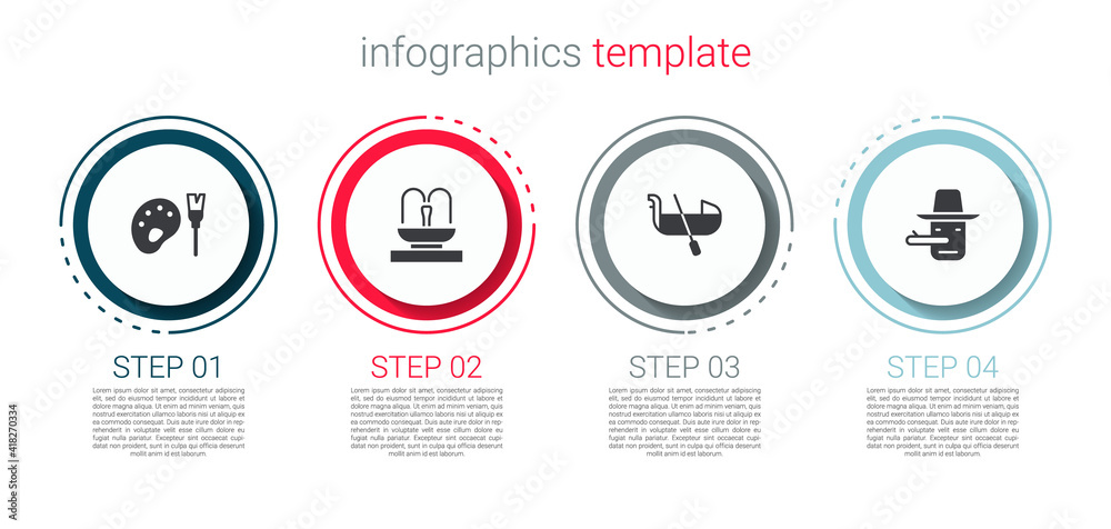Set Paint brush with palette, Fountain, Gondola and Pinocchio. Business infographic template. Vector. Set Paint brush with palette, Fountain, Gondola and Pinocchio. Business infographic template. Vector.