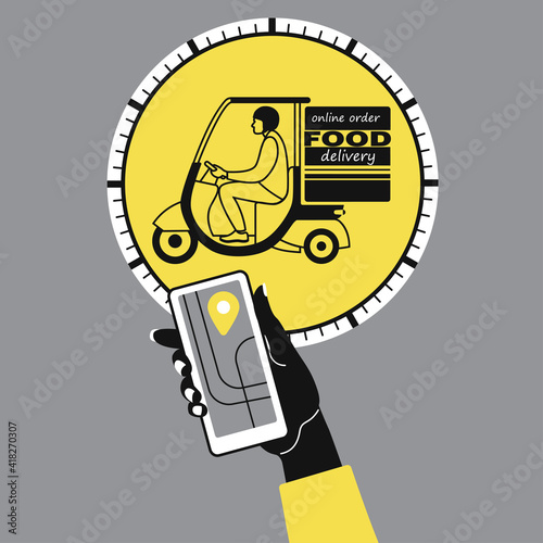 ordering food by phone, yellow and gray