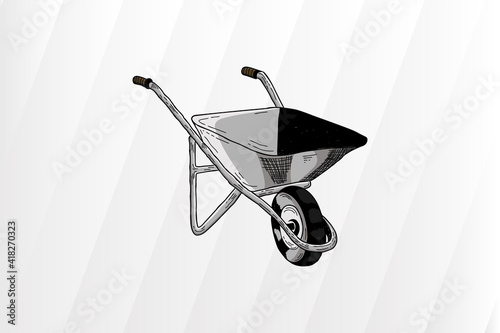 Hand Drawing of trolly in Old Vintage Rusty in greyscale. vector illustration of gardening or construction object. isolated in grey white gradient background design. abstract retro brush design