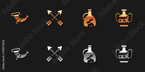 Set Hunting horn, Crossed arrows, Bottle of olive oil and Broken amphorae icon. Vector.