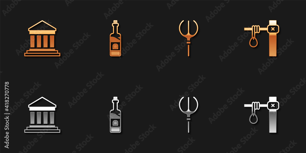 Set Parthenon, Bottle of wine, Neptune Trident and Gallows icon. Vector. Set Parthenon, Bottle of wine, Neptune Trident and Gallows icon. Vector.