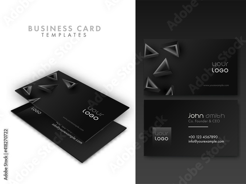 Horizontal Business Card Template Design With 3D Triangle Elements In Black Color.