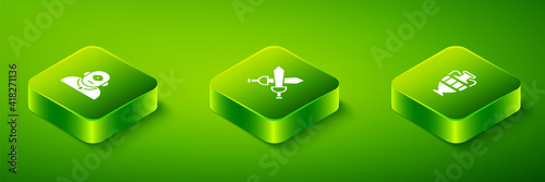 Set Isometric Crossed medieval sword, Ancient amphorae and Cyclops icon. Vector.