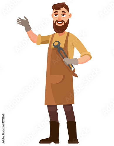 Blacksmith holding work equipment. Male person in cartoon style.