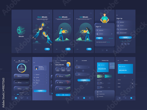 Crypto Currency Mobile App UI, UX, GUI Screens Like As Create Account, Sign In, Sign Up, Transaction, Exchange And Profile Details.