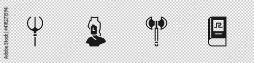 Set Neptune Trident, Ancient bust sculpture, Medieval axe and Greek history book icon. Vector.