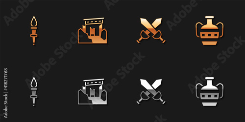 Set Torch flame, Ancient ruins, Crossed medieval sword and amphorae icon. Vector.