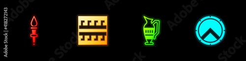 Set Torch flame, Ancient Greek pattern, amphorae and shield icon. Vector.