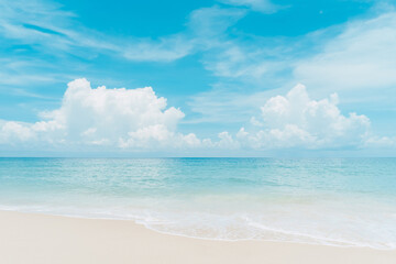 Beautiful tropical beach with blue sky and white clouds abstract texture background. Copy space of summer vacation and holiday business travel concept.