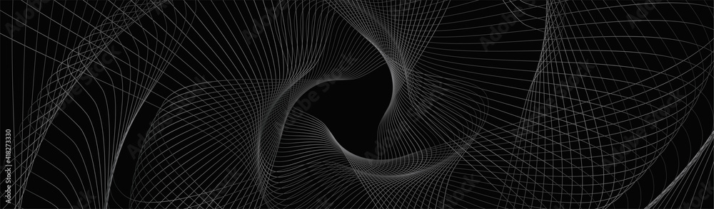 Black abstract background design. Modern wavy line pattern (guilloche curves) in monochrome colors. Premium stripe texture for banner, business backdrop. Dark horizontal vector template