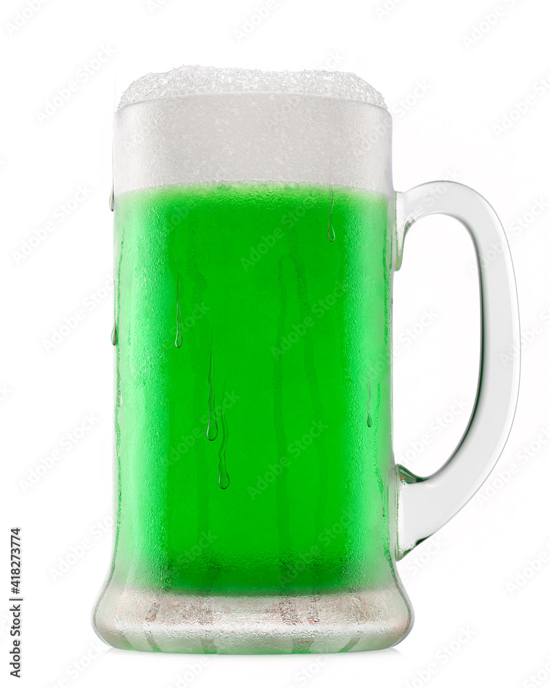 Frosty glass of draft green beer with bubble froth isolated on white background.