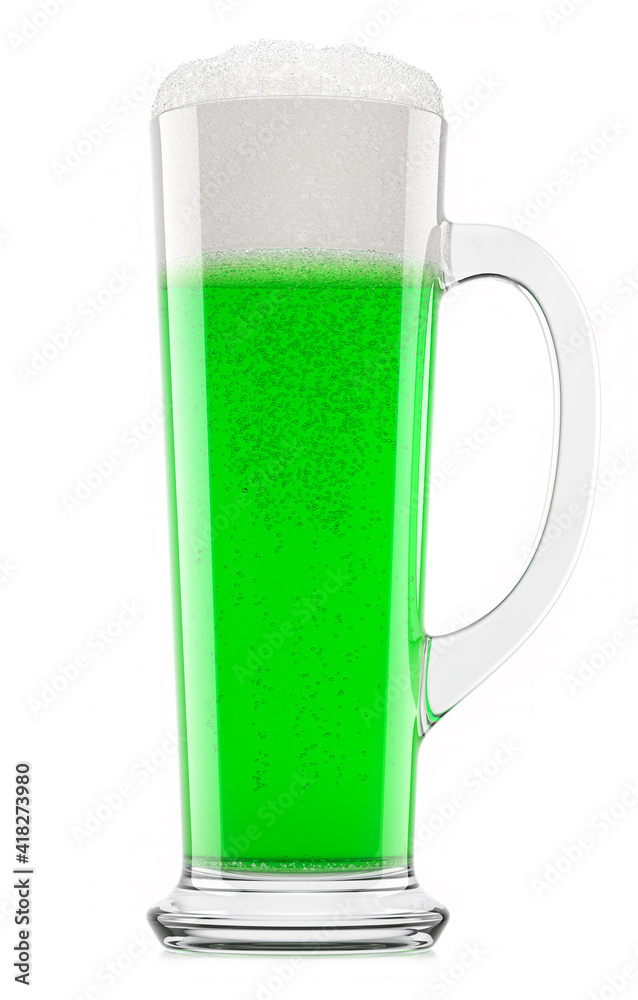 Frosty glass of draft green beer with bubble froth isolated on white background. Frosty glass of draft green beer with bubble froth isolated on white background.