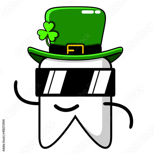 dental character graphic design illustration with clover hat on white background