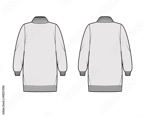 Set of Sweater dresses technical fashion illustration with knit rib turtleneck, long sleeves, oversized, mini length. Flat apparel template front, back, grey color style. Women, men unisex CAD mockup