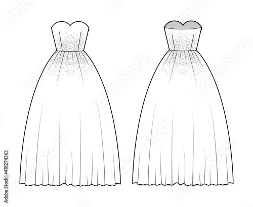 Crinoline dress technical fashion illustration with strapless sweetheart neckline, floor length, full skirt, embellishment motif. Flat template front, back, white color style. Women, unisex CAD mockup