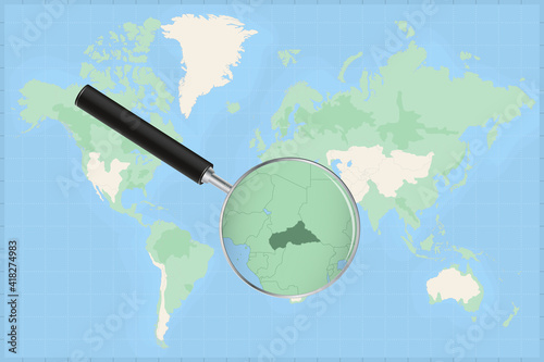 Map of the world with a magnifying glass on a map of Central African Republic.