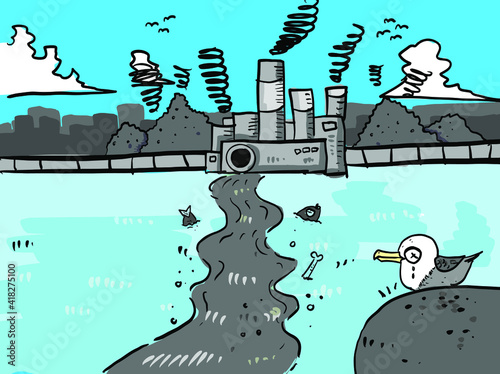 Vector of a working factory polluting air, water and soil pouring toxic waste chemicals in river