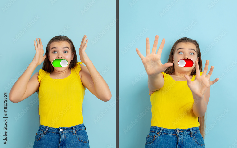 Foto de Youth ambiguous. Mood switch on female face. Happy and angry ...