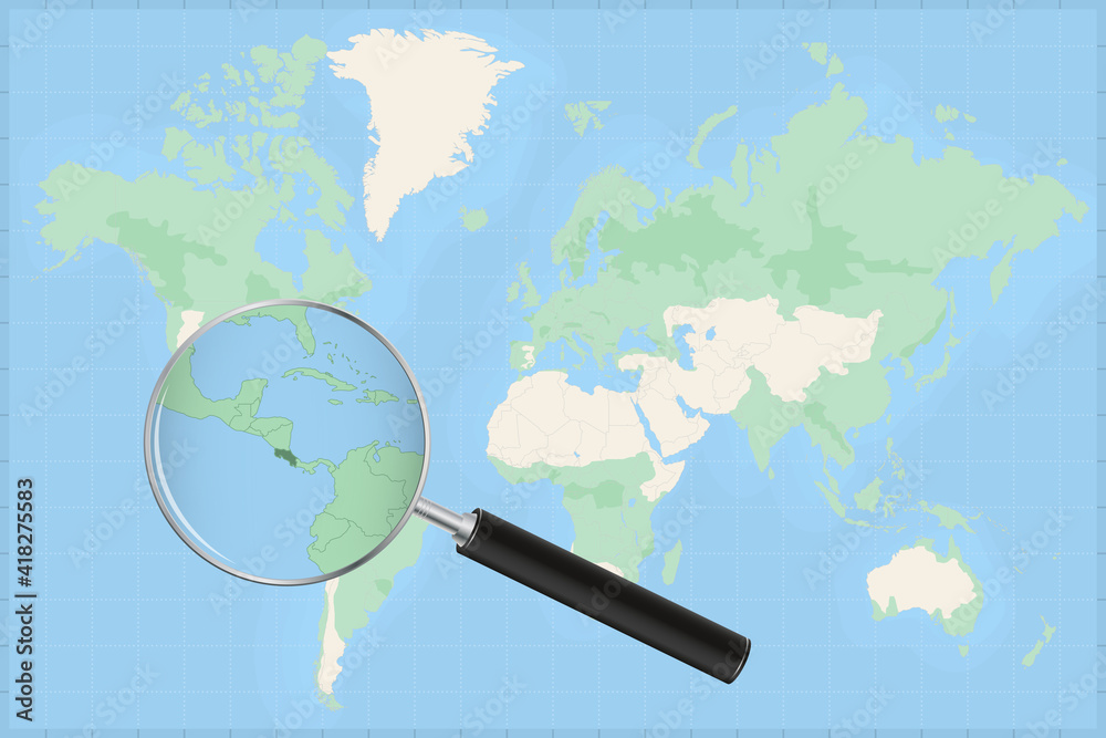 Map of the world with a magnifying glass on a map of Costa Rica. Stock ...