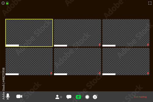 Screen video conference. Video call interface. Online meeting template. Screen of six video conference cells on a computer. Vector illustration