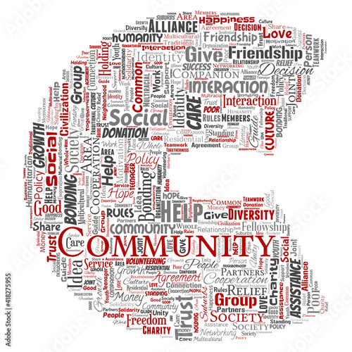 Vector conceptual community, social, connection letter font C red word cloud isolated background. Collage of group, teamwork, diversity, friendship, communication, inclusion, care, respect concept