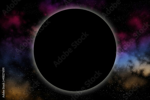 Galaxy background with copy space for banner or flayer. Black hole with a light ring around.
