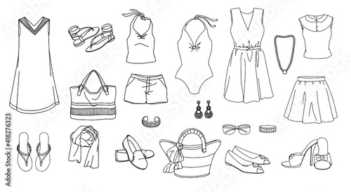 Summer set woman's clothing and accessories. Vector illustration. Elements for design, packaging, dishes, paper, cards, coloring book